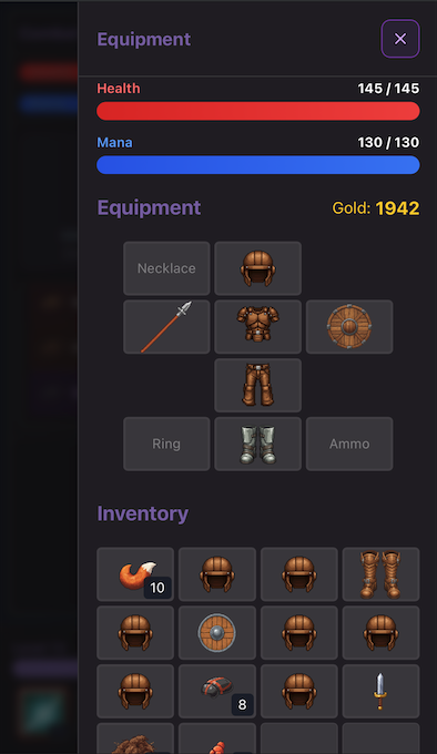 Favora mobile equipment and inventory management screenshot showing character equipment slots, inventory grid, and gold display on mobile device